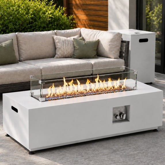 RADIATA 42” Rectangle Fire Pit Table, Dual Fuel Propane & Natural Gas Outdoor Firepit with Tank Table, 50000 BTU, Light Gray