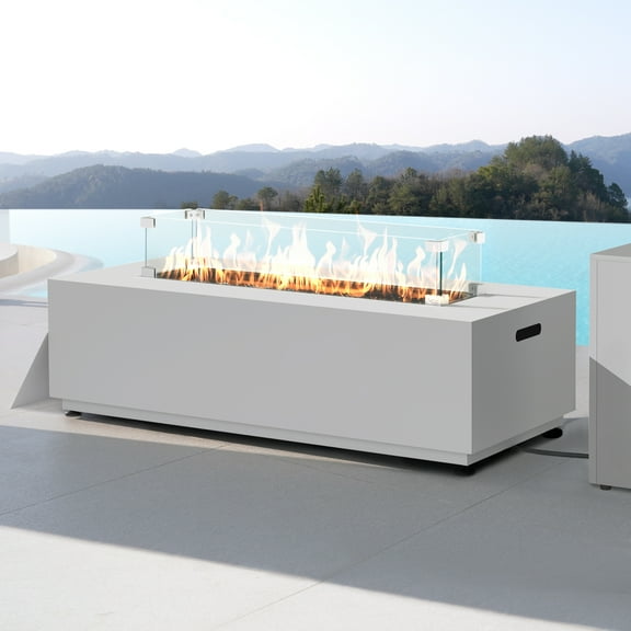 RADIATA 42” Rectangle Fire Pit Table, Dual Fuel Propane & Natural Gas Outdoor Firepit with Tank Table, 50000 BTU, Light Gray