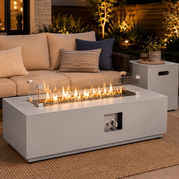 RADIATA 42” Rectangle Fire Pit Table, Dual Fuel Propane & Natural Gas Outdoor Firepit with Tank Table, 50000 BTU, Light Gray