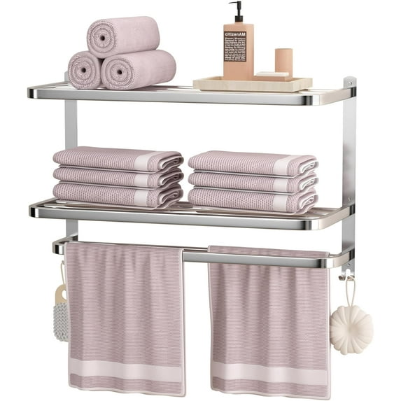 NICETAKU 23inch 3-Tier Towel Racks for Bathroom with Shelf, Multilayer Hotel Towel Holder with Hooks, Stainless Steel Wall-Mounted Brushed Finish Towel Bars, Silver