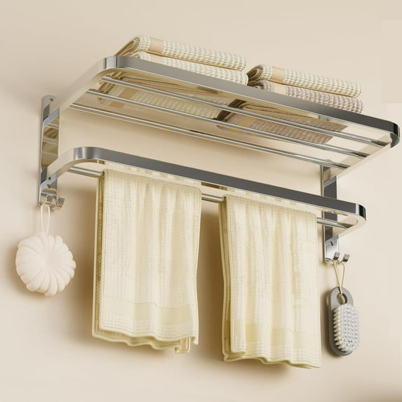 NICETAKU 23inches Towel Racks for Bathroom Towel Shelf with Double Towel Bars Lavatory Wall Mount Holder with Hooks Stainless Steel Hotel Bath Rack (Silver)