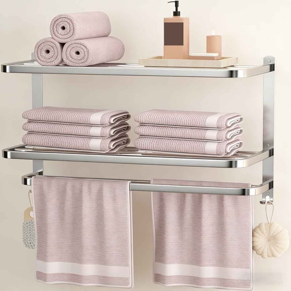 NICETAKU 3-Tier Towel Racks for Bathroom with Shelf, Multilayer Towel Holder with Hooks, Stainless Steel Wall-Mounted Brushed Finish Towel Bars, Silver