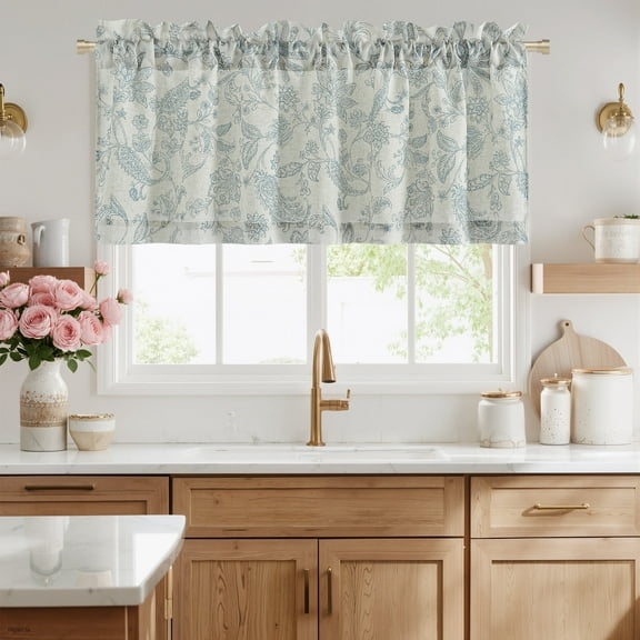 NICETONW Farmhouse Linen Valance Curtains for Kitchen, Vintage Floral Linen Drapes Rod Pocket Semi Sheer Light Filtering Window Curtains for Bedroom, Blue, 52"x18", 1 Panel