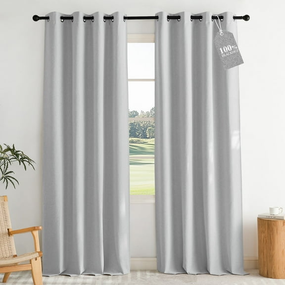 NICETOWN 100% Blackout Linen Curtains for Living Room Noise Reducing Faux Linen Look Curtains for Windows Treatment, Greyish White, W52 x L90, 2 Pieces