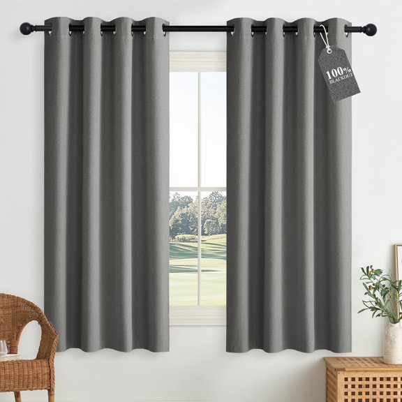 NICETOWN 100% Absolutely Blackout Faux Linen Curtains for Bedroom Grommet Privacy Window Treatment for Kitchen, Gray, 52" W x 63" L, Set of 2