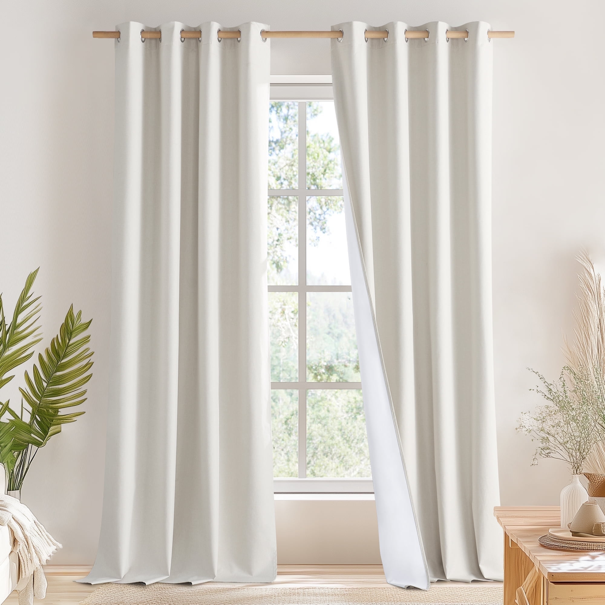 NICETOWN 100% Blackout Curtain Extra Long Faux Linen Noise Reducing Solid Modern Privacy Drapes, W52 x L102, Cream, Set of 2