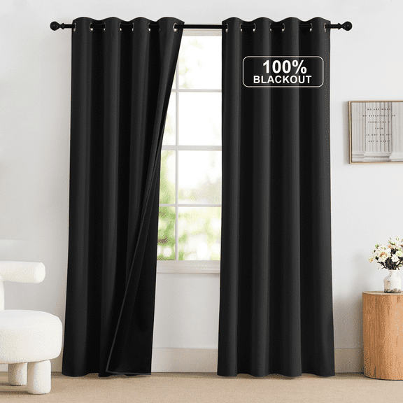 NICETOWN Black Blackout Curtain for Living Room, Full Blackout Curtains Thermal Insulated Noise Reducing Curtains Grommet Privacy Protection Drapes, Black, 52"x84", 2 Panels