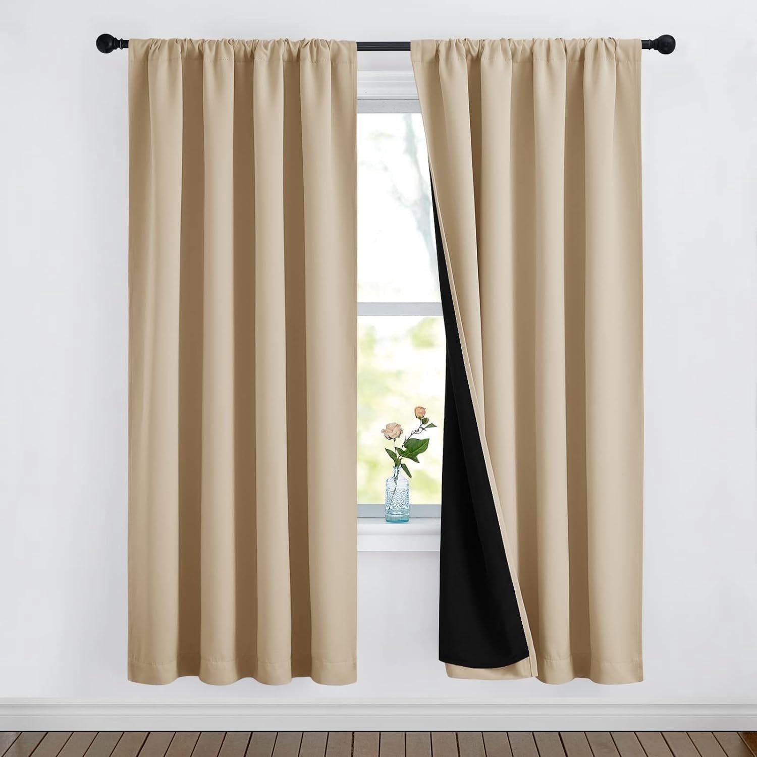 NICETOWN 100% Blackout Curtain Panels, 2 Thick Layers Full Blackout Curtains Thermal Insulated Noise Reducing Curtains Rod Pocket Energy Efficiency Drapes for Kitchen, Biscotti Beige, 52"x72", 1 Pair