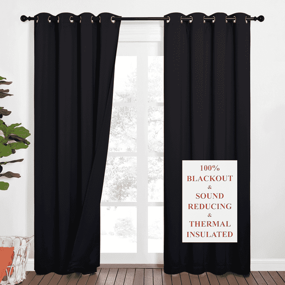 NICETOWN 100% Blackout Curtains 3 Layers Heavy Duty Energy Efficiency Window Treatments, Grommet Noise Reducing Thermal Insulated Drapes with Detachable Felt Liner for Nursery, Black, 52"x95", 1 Pair