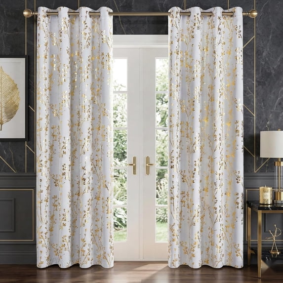 NICETOWN 100% Blackout Curtains 84 Inch Length Gold White Foil Branch Grommet Full Room Darkening Curtains, Thermal Panels Curtains for Bedroom & Living Room, 2 Panels