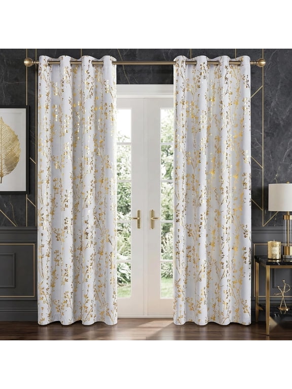 100% Blackout Curtains 84 Inch Length Gold White Foil Branch Grommet Full Room Darkening Curtains, Thermal Panels Curtains for Bedroom & Living Room, 2 Panels