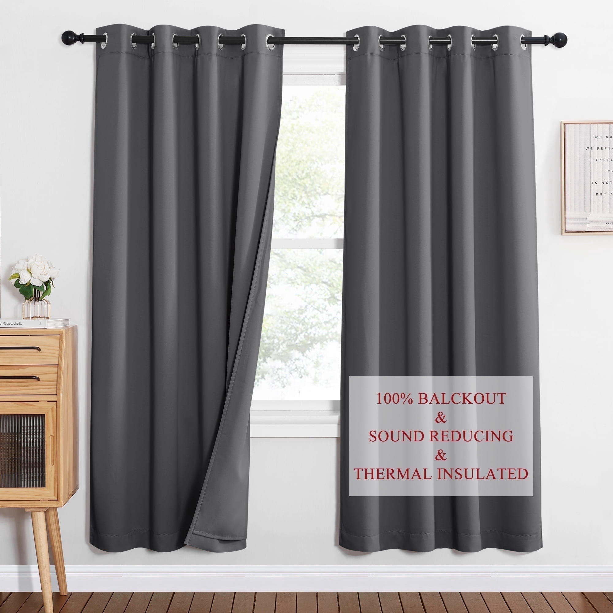 NICETOWN 100% Blackout Curtains for Bedroom, 3 Layers Noise Canceling Thermal Insulated Grommet Drapes, Inside Detachable Felt Liner Curtains, Grey, 52"x72", 2 Panels