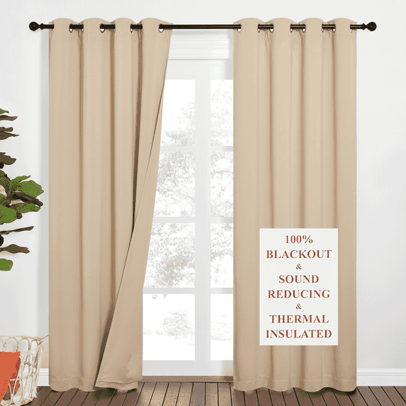 NICETOWN 100% Blackout Curtains for Bedroom, 3 Layers Soundproof Thermal Insulated Curtains Grommet Privacy Room Darkening Drapes with Detachable Felt Liner, Biscotti Beige, 52"x 90", 2 Panels