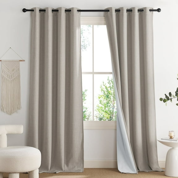 NICETOWN 100% Blackout Curtains Faux Linen Double Layer Heat Blocking Sound Reducing Grommet Modern Window Treatment for Living Room, W52 x L96, Set of 2, Angora