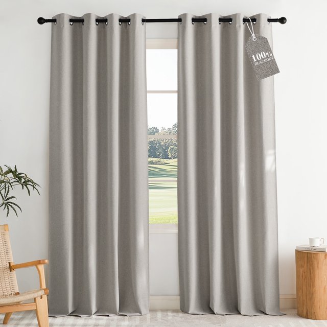 NICETOWN 100% Blackout Linen Curtains for Living Room Grommet Sound Reducing Modern Privacy Faux Linen Drapes for Living Room/Villa, Silver Grey, 2 Panels, 52" W x 90" L