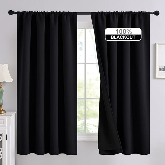 NICETOWN 100% Blackout Curtains for Living Room, Thermal Insulated Energy Efficiency Rod Pocket Drapes 2 Layer Full Blackout Curtains with Black Liner, Black, 52"x63", 2 Panels