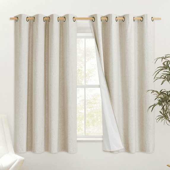NICETOWN 100% Blackout Curtains, Natural Linen Blackout Short Curtains Noise Reducing Energy Saving Grommet Drapes with Thermal Insulated White Liner for Kitchen, 34"x48", 2 Panels