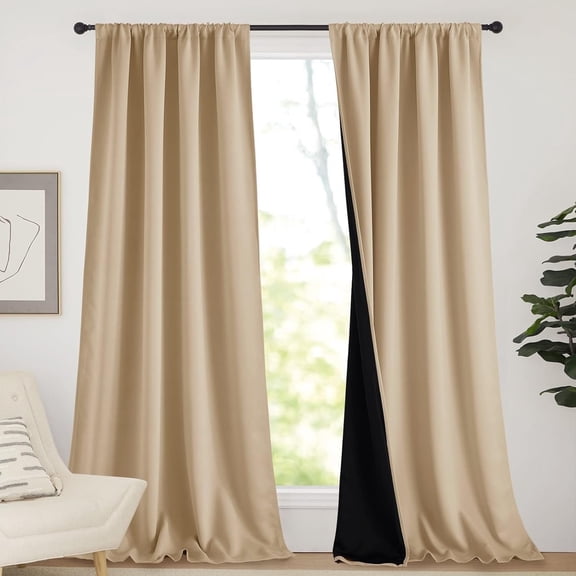 NICETOWN 100% Blackout Curtains, Privacy Protection Thermal Insulated Rod Pocket Drapes 2- Layers Thick Full Light Blocking Noise Reducting Window Curtains for Patio, Biscotti Beige, 52"x 95", 1 Pair