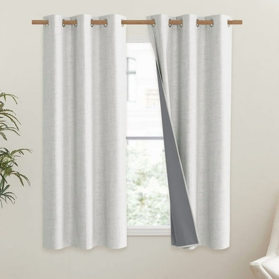 NICETOWN 100% Blackout Curtains for Dinning Room Grommet Energy Saving Noise Reducing Solid Linen Drapes, W42 x L45, Greyish White, 2 Panels