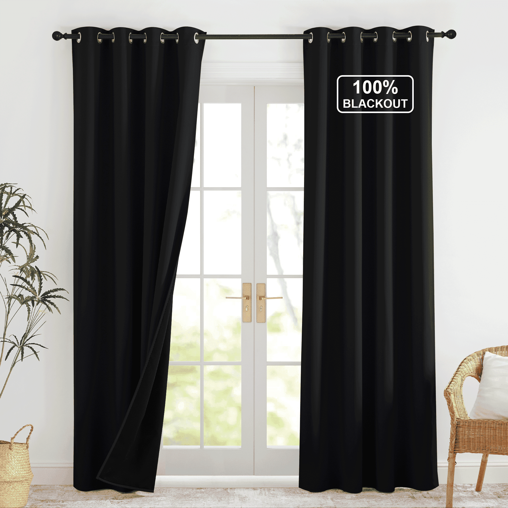 NICETOWN 100% Blackout Curtains for Living Room 2 Panels Full Blackout Window Drapes Thermal Insulate Grommet Curtains for Bedroom, 52"x84", Black
