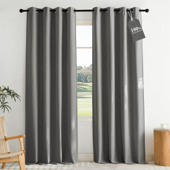 NICETOWN 100% Blackout Faux Linen Curtains for Living Room Thermal Insulated & Energy Efficiency Curtains for Windows, Grey, 52" Wide x 90" Long, 2 Panels