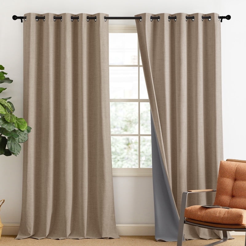 NICETOWN 100% Blackout Faux Linen Curtains Noise Reducing Thermal Insulated Grommet Solid Drapes for Living Room, 2 Panels, Burlap, 62"x90"
