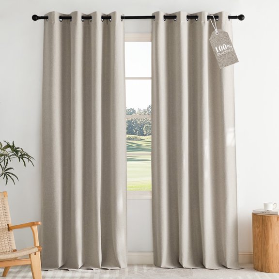 NICETOWN 100% Blackout Faux Linen Textured Draperies for Living Room, Privacy Protection & Noise Reducing Insulated Window Treatment Curtains, Natural, 2 Pieces, W52 x L96