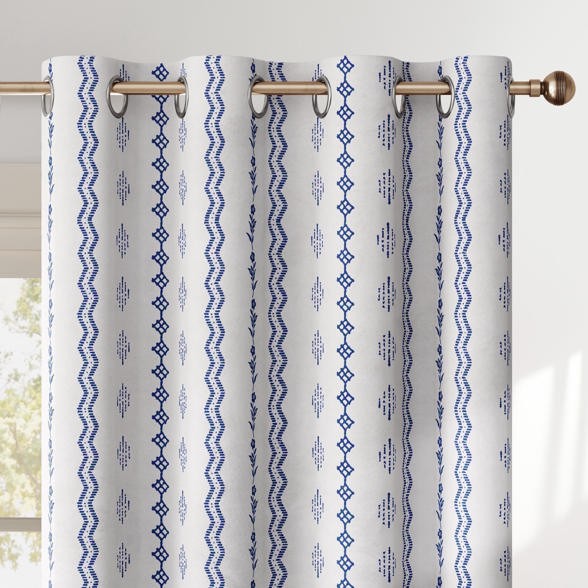 NICETOWN 100% Blackout Blue Boho Curtains for Livingroom Modern Room Darkening Coastal Floral Grommet Thermal Insulated Drapes, W52 x L84, Navy Blue on White, 2 Panels