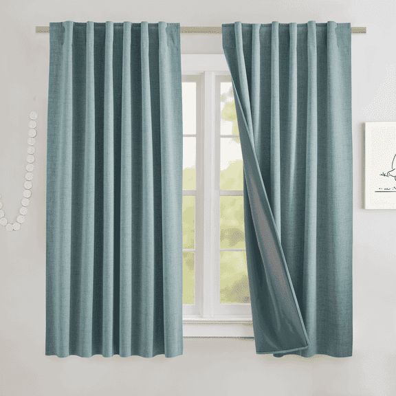 NICETOWN 100% Blackout Linen Curtains for Bedroom, Faux Linen Drapes Thermal Insulated Back Tab & Rod Pocket Window Treatment, 52"x63", Skylark Blue, 2 Panels