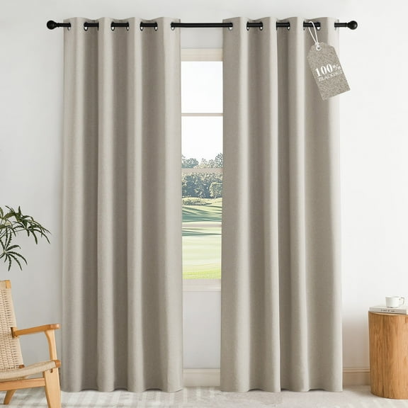 NICETOWN 100% Blackout Linen Curtains for Bedroom Faux Linen Full Light Blocking Thermal Insulated Thick Farmhouse Window Treatment, Natural, 2 Panels, W52 x L84