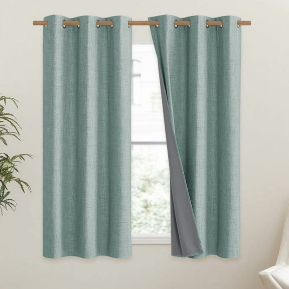 NICETOWN 100% Blackout Linen Curtains, Full Room Darkening Solid Modern Grommet Energy Saving Drapes for Kitchen, 42"x54", Seafoam Green, 2 Panels