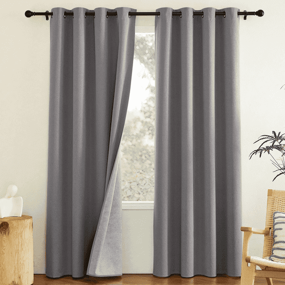 NICETOWN 100% Blackout Linen Curtains, Linen Texture Thermal Insulated Window Curtains Noise Reducing Assure Privacy Grommet Window Treatments for Living Room, Grey, 52"x95", 2 Panels
