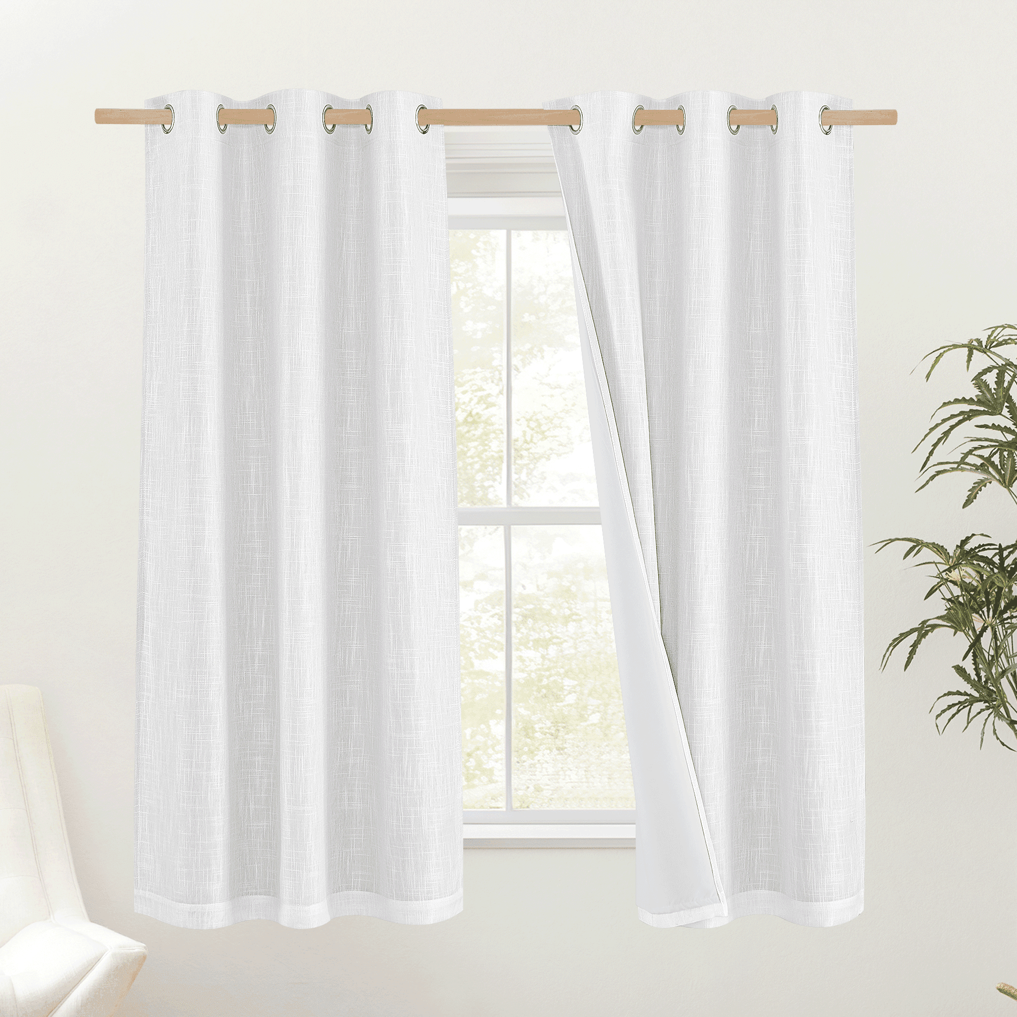 NICETOWN 100% Blackout Linen Curtains for Living Room, Noise Reducing Energy Saving Drapes with Thermal Insulated White Liner Grommet Privacy Window Treatments, White, 52"x63", 2 Panels