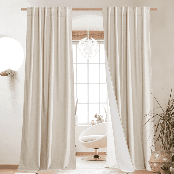 NICETOWN 100% Blackout Linen Curtains Thermal Insulated White Liner Noise Reducing Window Treatments Drapes， Beige， W52 x L95， 2 Panels