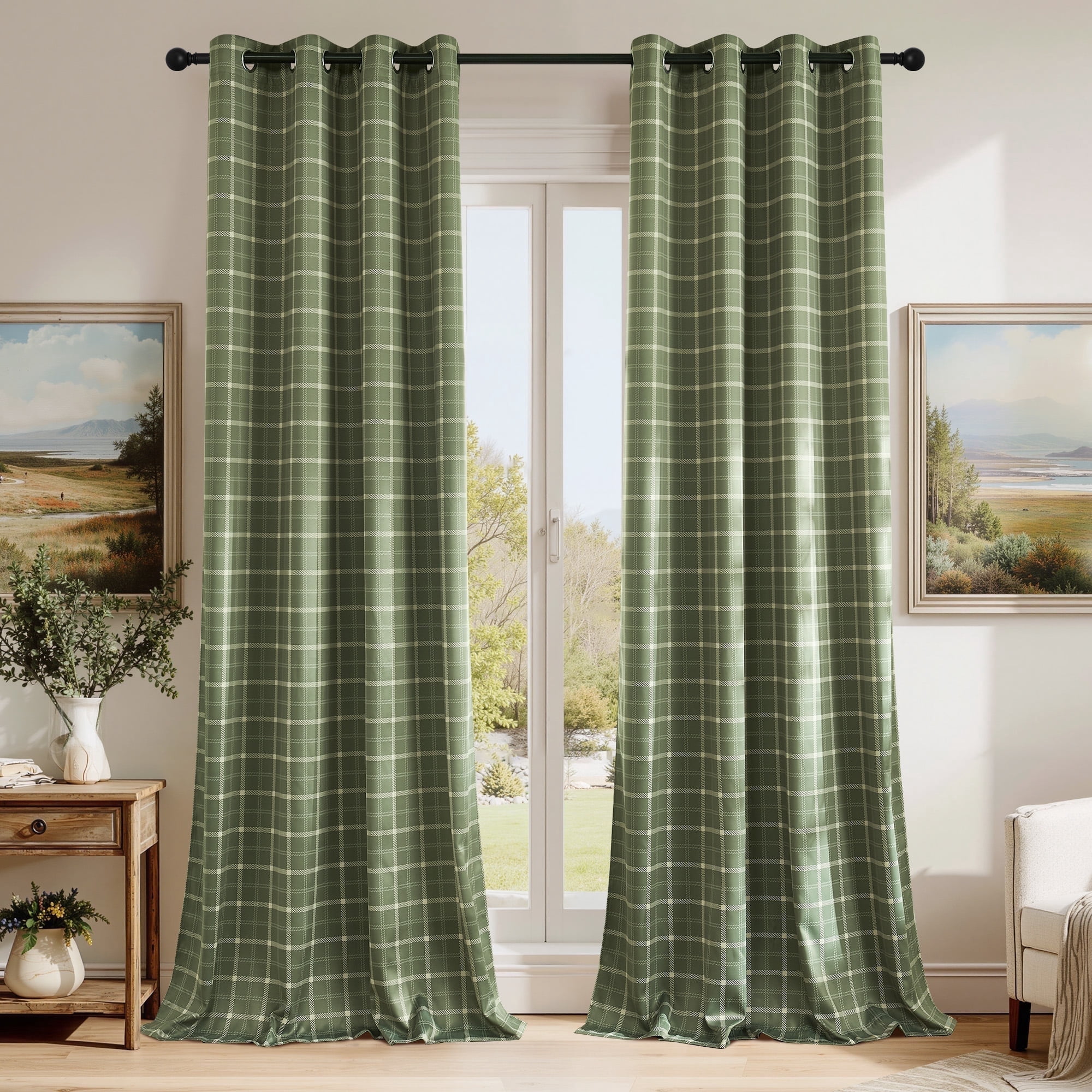 Curated visual reference: Visual Reference: Nicetown 100 Blackout Green Plaid Curtains For Bedroom Privacy Protect