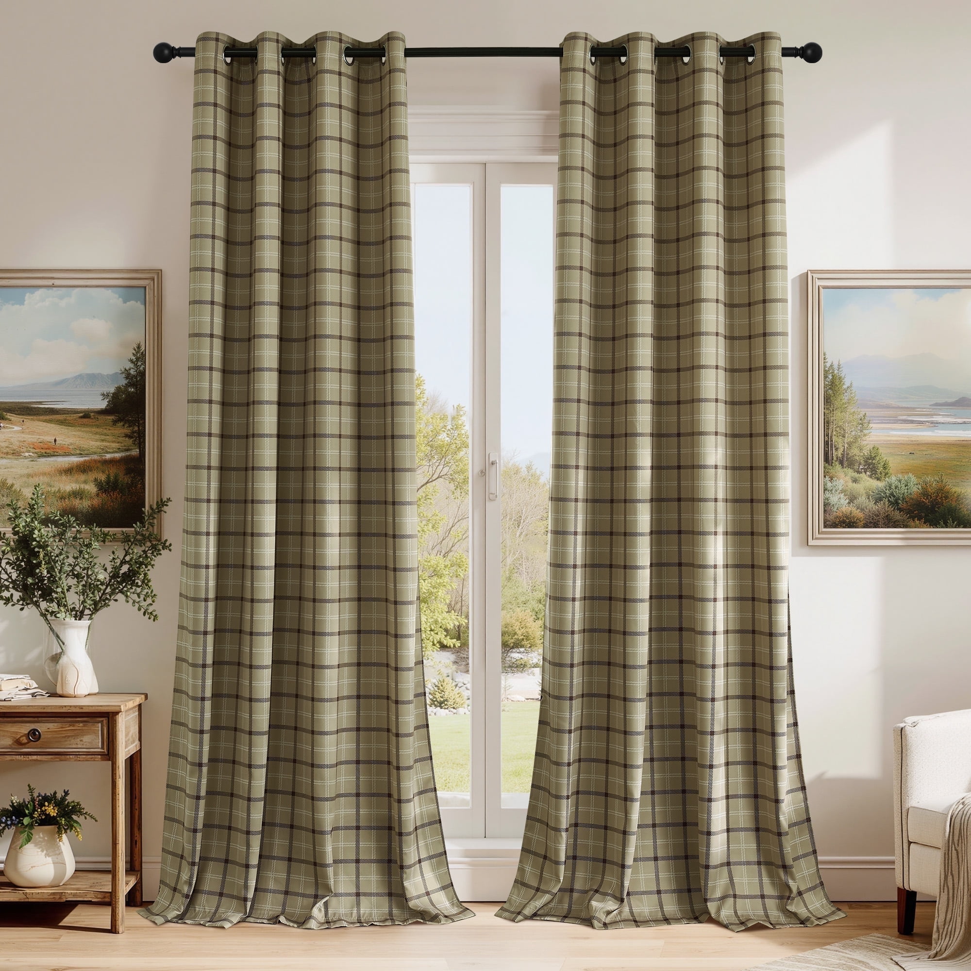 NICETOWN 100% Blackout Rustic Grid Pattern Linen Room Darkening Plaid Farmhouse Grommet Noise Reducing Window Curtains for Living Room, 2 Panels, Linen, W52 x L96