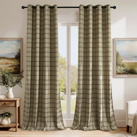 NICETOWN 100% Blackout Rustic Grid Pattern Linen Room Darkening Plaid Farmhouse Grommet Noise Reducing Window Curtains for Living Room, 2 Panels, Linen, W52 x L96