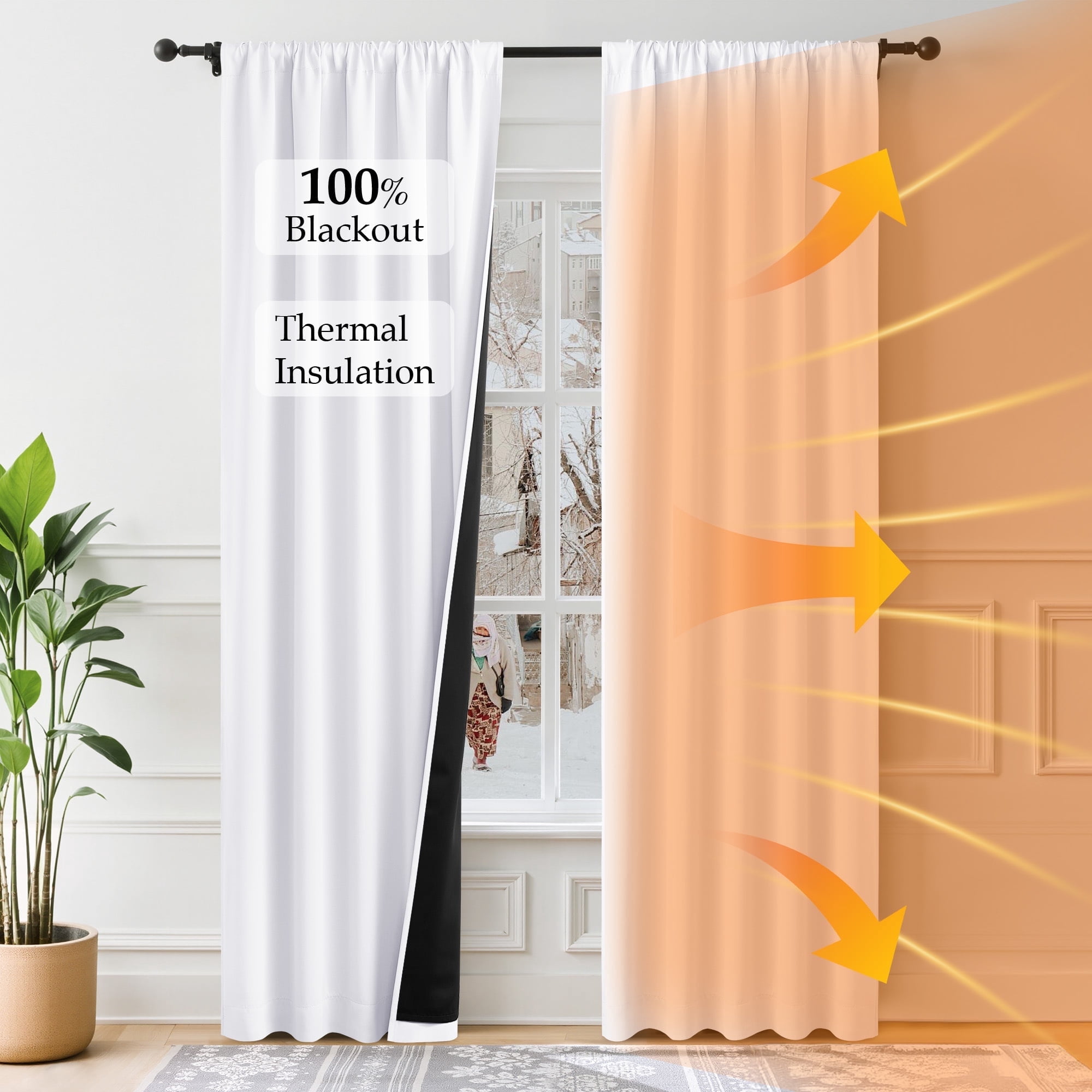 NICETOWN 100% Blackout Window Curtain Panels, Privacy Protection Noise Reducing Rod Pocket Drapes Black Lined Insulated Window Treatment Curtains, White, 52"x84", 2 Panels