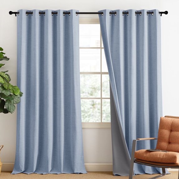 NICETOWN 100% Full Blackout Curtains Faux Linen Grommet Room Darkening Thermal Insulated Soundproof Drapes for Bedroom, 62"x90", Stone Blue, Set of 2
