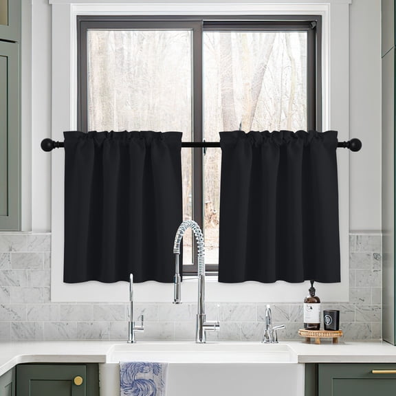 NICETOWN 2 Panels Blackout Curtains for Kitchen, Rod Pocket Cafe Curtains for Half Window, Small Blackout Curtains for Living Room, Black, 34"x24"