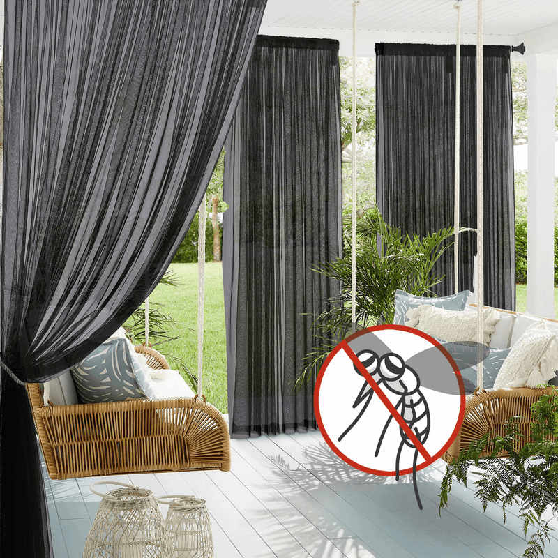 NICETOWN 2 Panels Mesh Screen for Patio Porch, Waterproof Outdoor Sheer Mesh Rod Pocket Breathable Drapes with Length Adjustable, W59 x L120, Black