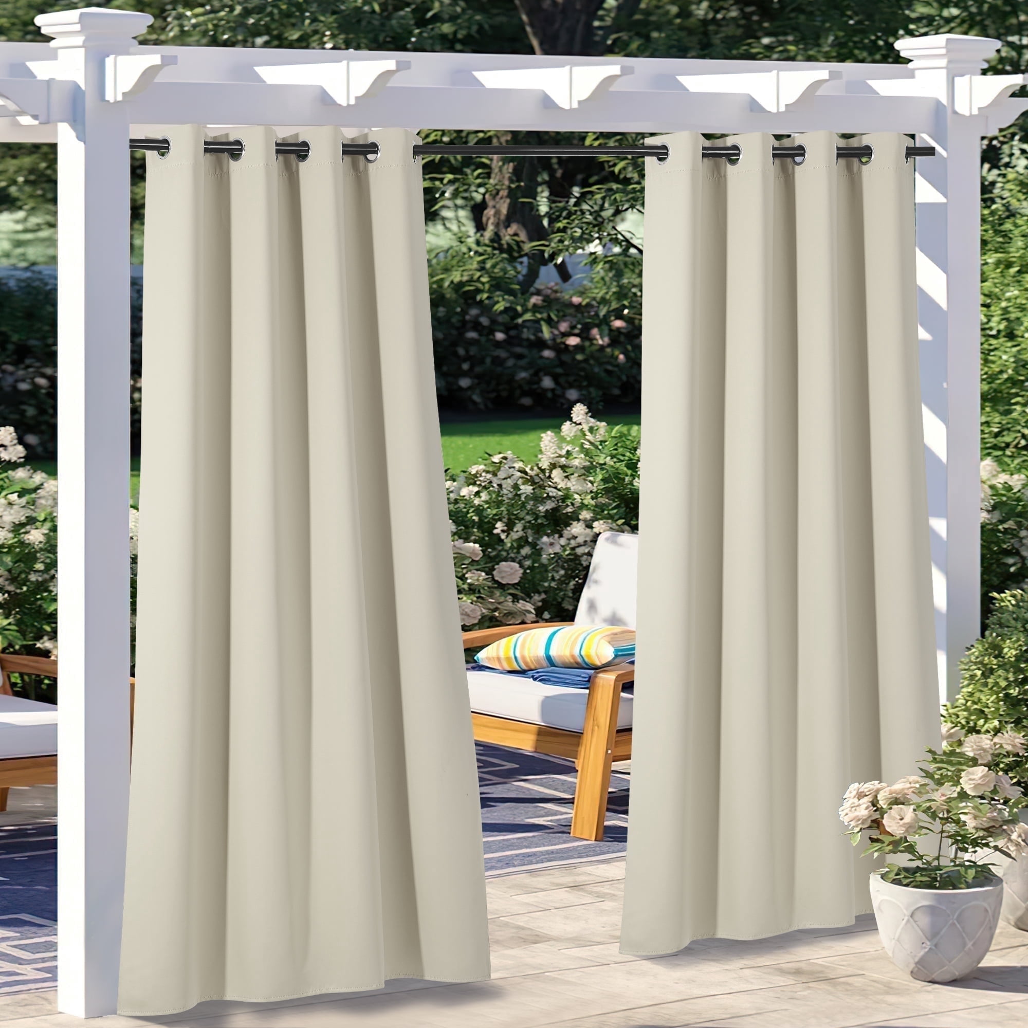 NICETOWN 2 Panels Outdoor Curtains Waterproof Privacy Protective Thermal Blackout Curtains for Porch Gazebo Canopy Pergola Garage, W 52 x L 108, Beige