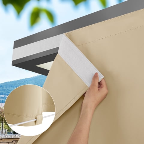 NICETOWN 2 Panels Rod-Free Outdoor Curtain for Patio Waterproof, Sticky Top & Backtab Bottom with Free Rope Windproof Privacy for Gazebo/Porch, Biscotti Beige, W52 x L84