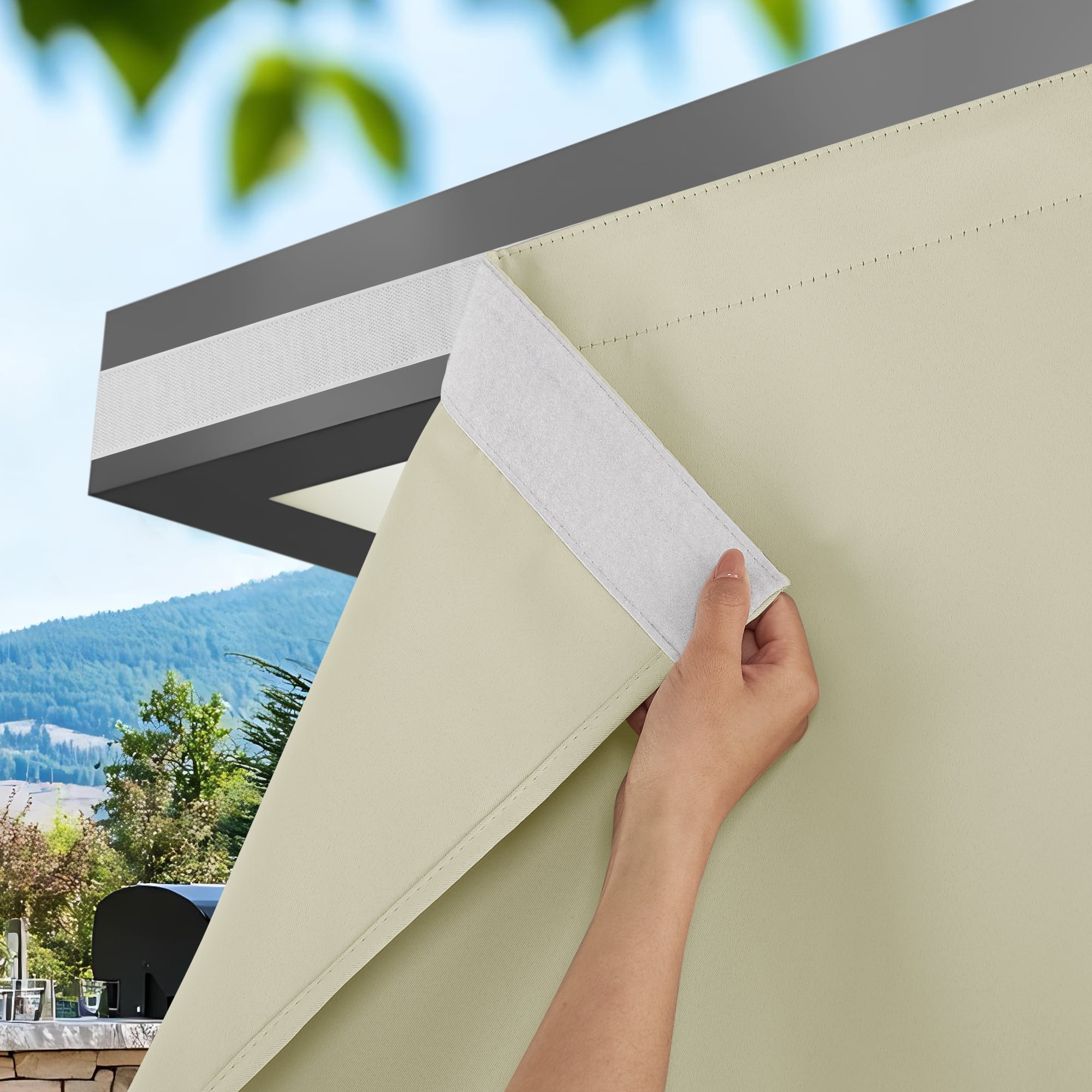 NICETOWN 2 Panels Rod-Free Outdoor Curtain for Patio Waterproof, Sticky Top & Backtab Bottom Privacy Protective Windproof Drapes for Gazebo, Beige, W52 x L96