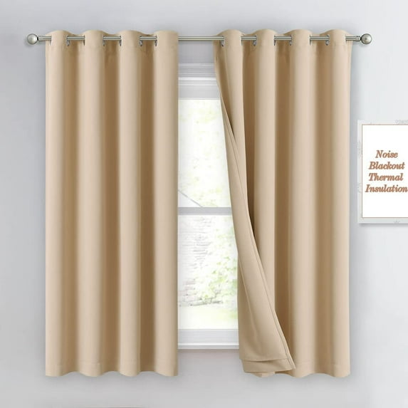 NICETOWN Bedroom Full Blackout Curtain Panels, Super Thick Insulated Window Covers, Complete Blackout Draperies with Noise Absorb Liner for Short Window(Biscotti Beige, Set of 2, 52 by 63-inch)