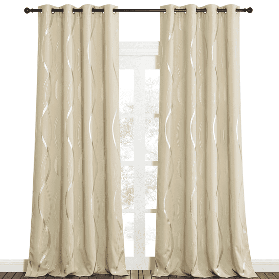 NICETOWN Beige Blackout Curtains 52 X 108 Inch Length Wave Line Foil Print Grommet Room Darkening Curtains Thermal Insulated 2 Panels Window Curtains for Living Room Bedroom