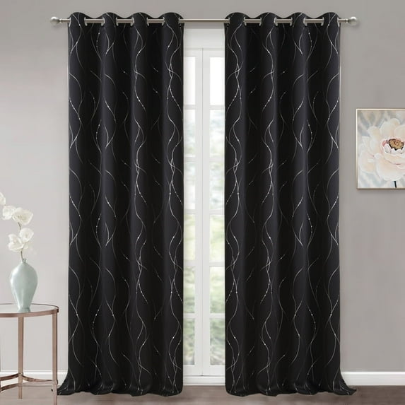 NICETOWN Black Blackout Curtains Extra Long Grommet Thermal Insulated Pattern Printed Window Curtains, W52 x L95, Set of 2