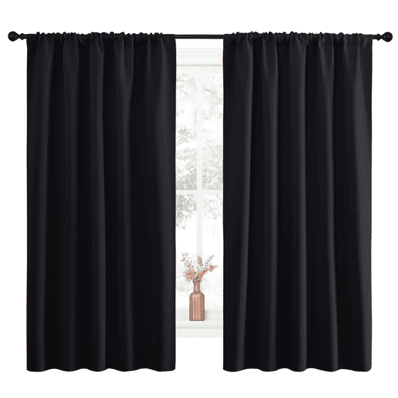 NICETOWN Black Blackout Curtains Rod Pocket Curtains Panels Room Darkening Curtains for Bedroom 52x63 inch 2 Panels