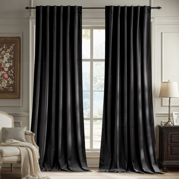 NICETOWN Black Blackout Curtains Velvet Drapes for Bedroom, Thermal Insulated Soundproof Soft Vintage Luxury Heavy Drapes Rod Pocket/Back Tab Room Darkening Curtains, 52"x 96", 2 Panels