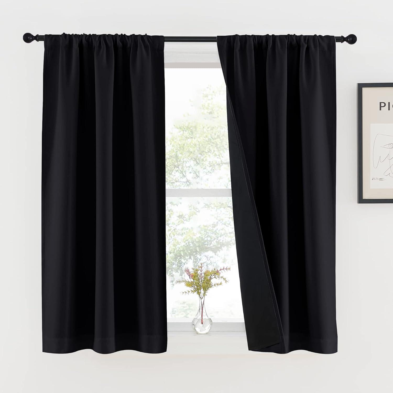 NICETOWN Black Kitchen 100% Blackout Curtains 48 inches Long, Rod Pocket Basement Completely Blackout Window Treatment Thermal Insulated Lined Drapes for Small Window (1 Pair, 37" Width Each Panel)